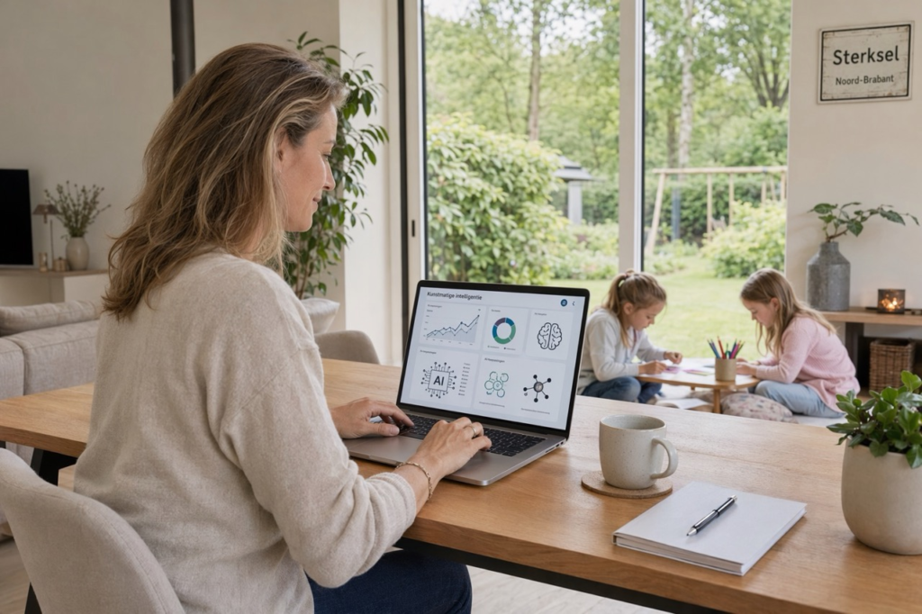 Een lichte thuiswerkplek in een modern Nederlandse woonkamer in Sterksel. Een vrouw van in de veertig met donkerblond haar zit achter een laptop aan een houten tafel. Op het scherm zie je grafieken en icoontjes van kunstmatige intelligentie. Op de achtergrond spelen twee meisjes in de hoek met kleurpotloden. Buiten het raam zie je een groene Brabantse tuin.