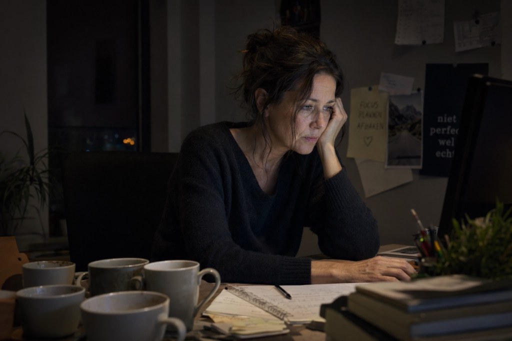 Dezelfde vrouw van in de veertig zit laat in de avond achter de computer in een donkere kamer. Op haar bureau staan lege koffiekopjes en haar schouders zijn moe.