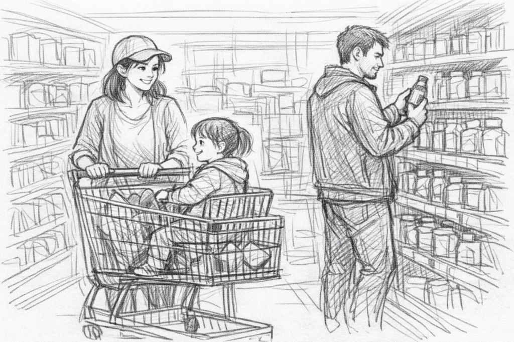 Mock Exam 3: Speaking (Spreken) - A2 Level | FREE Inburgering Exam Prep | Learn Dutch With AI. A family shopping in a supermarket. Mother pushing cart with child, father looking at products on shelf