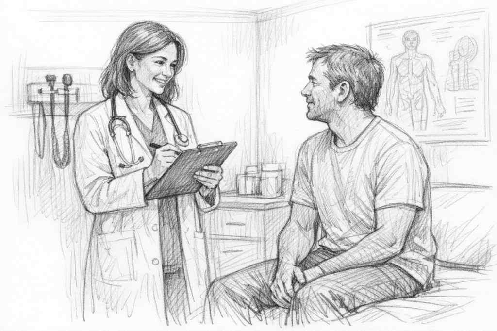 Mock Exam 3: Speaking (Spreken) - A2 Level | FREE Inburgering Exam Prep | Learn Dutch With AI. Female doctor talking to male patient in examination room. Patient sitting, doctor standing with clipboard