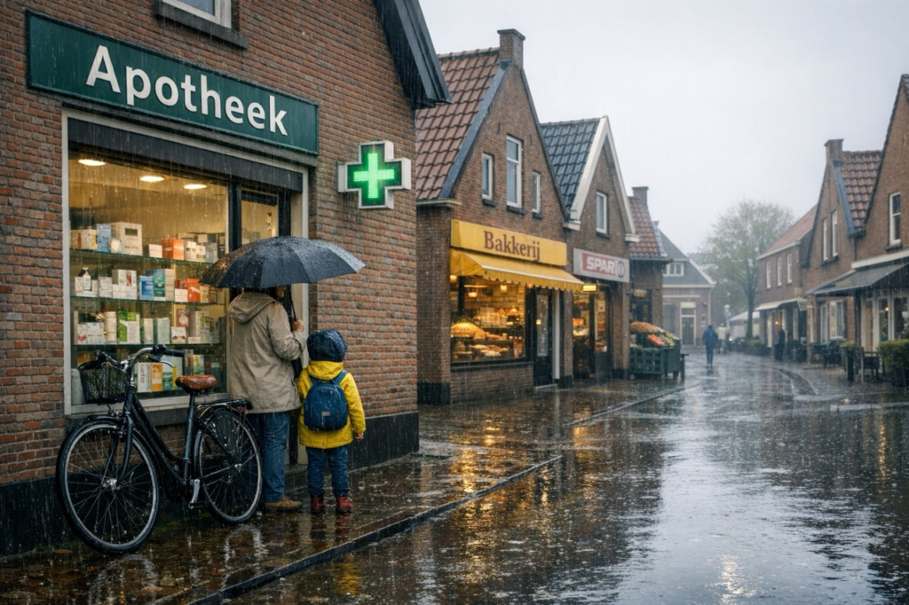 A small Dutch village street on a rainy day. A woman is standing outside a pharmacy with a child next to her, holding an umbrella. A bicycle is parked nearby. The street has typical Dutch houses with red brick, a bakery, and a small supermarket. The scene looks quiet and everyday. Realistic photo style, overcast sky.